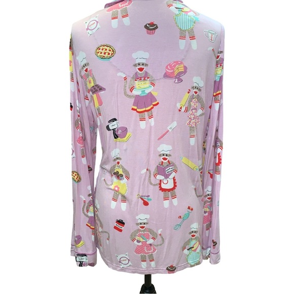Nick & Nora Sock Monkey Baking Comfy Pajama Top Shirt Pink Purple Gilmore Sz M - Picture 2 of 5